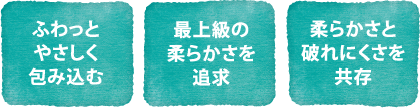 ふわっとやさしく包み込む 最上級の柔らかさを追求 柔らかさと破れにくさを共存